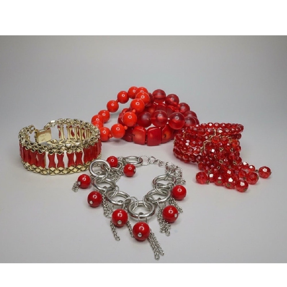Collection of Vintage Fashion Bracelets Lot of 6 Red Theme Jewelry